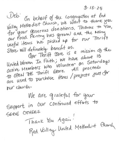 handwritten review for Deb Beran Properties from Red Valley United Methodist Church