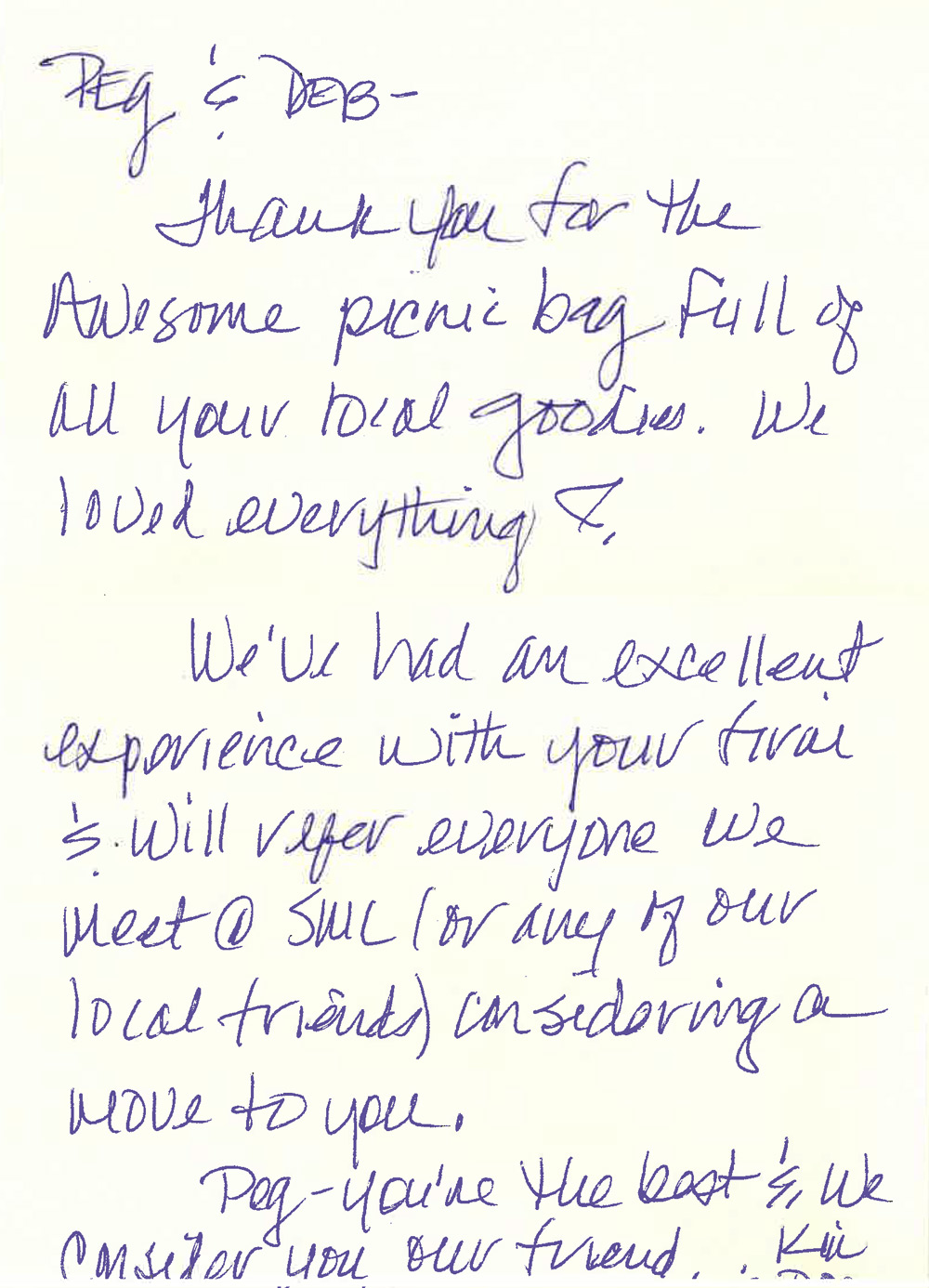 handwritten review for Deb Beran Properties agent, Peg Wheeler
