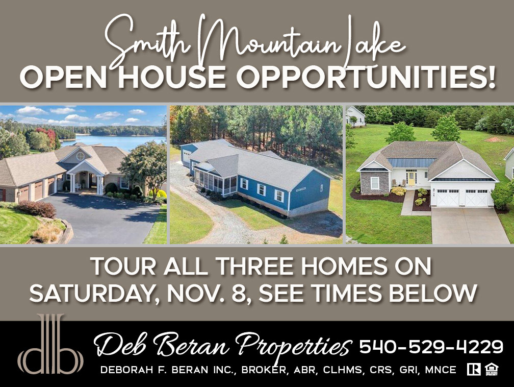 photos of three houses at smith mountain lake with open house hours