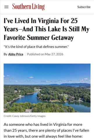 image of Smith Mountain Lake article in Southern Living magazine website