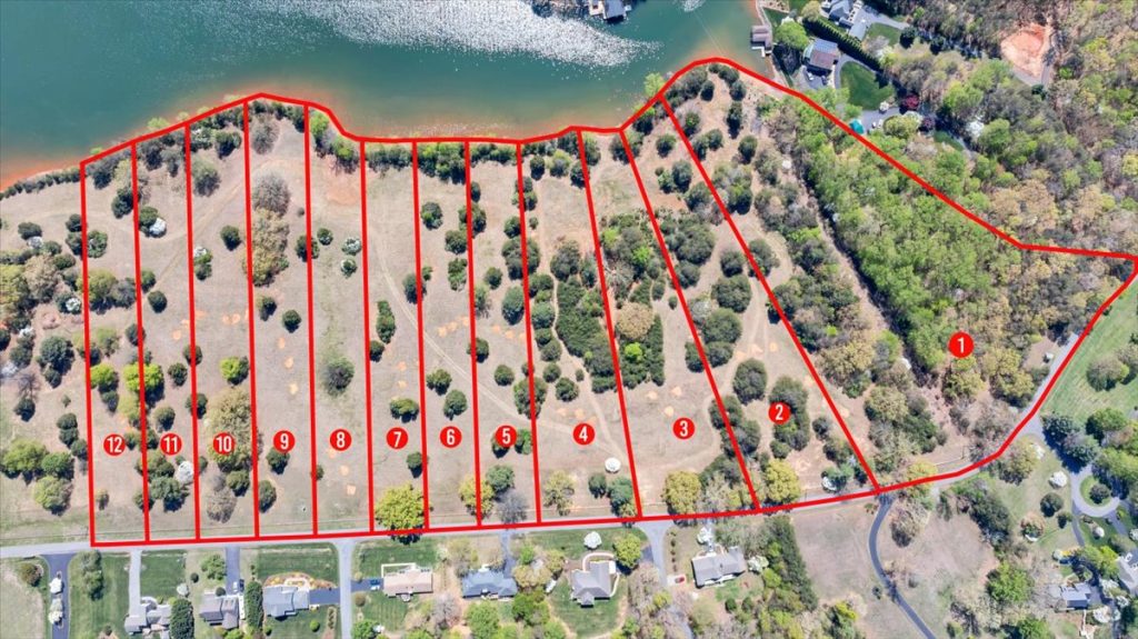 Lot lines drawn on aerial view of 12 parcels of land for sale at Smith Mountain Lake in The Waterfront Country Club subdivision.